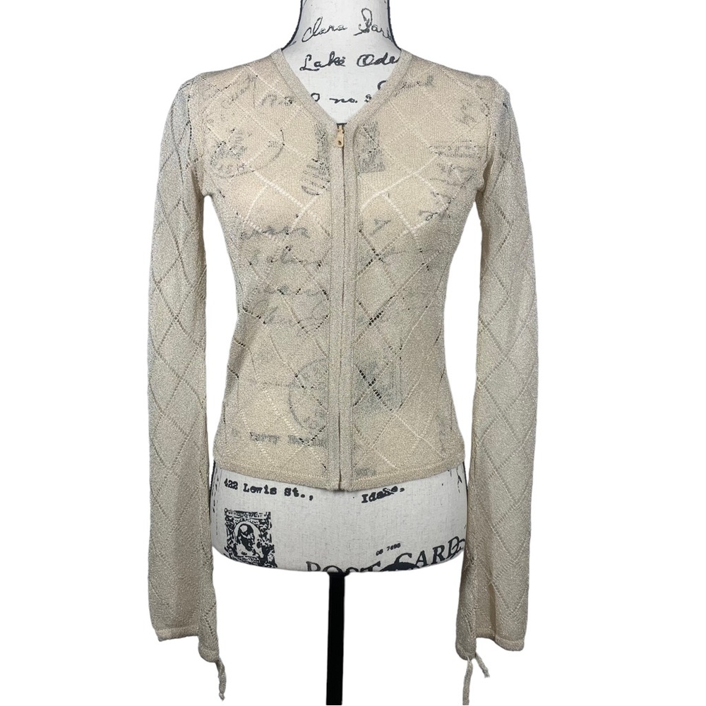 Vintage Free People Pointelle Knit Gold Metallic Mesh Zip Up Cardigan Coachella